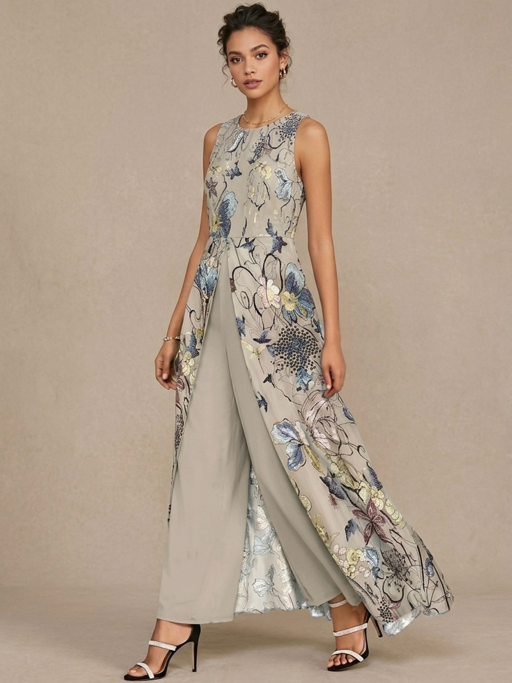 Floral Sleeveless Slit Dress And Pants Set Wedding Guest Spring Summer Party